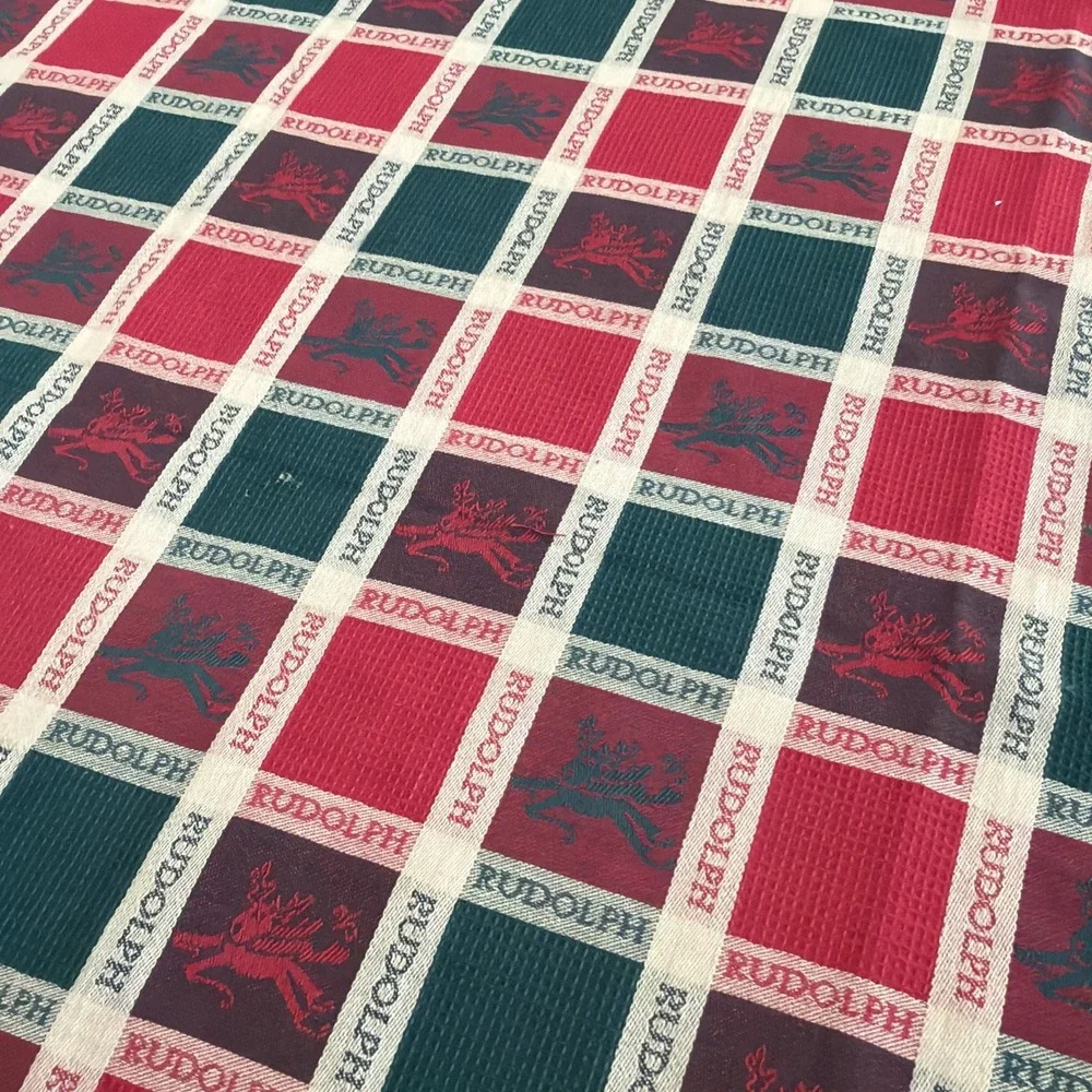 Vtg Red Green Woven Round Christmas Tablecloth 